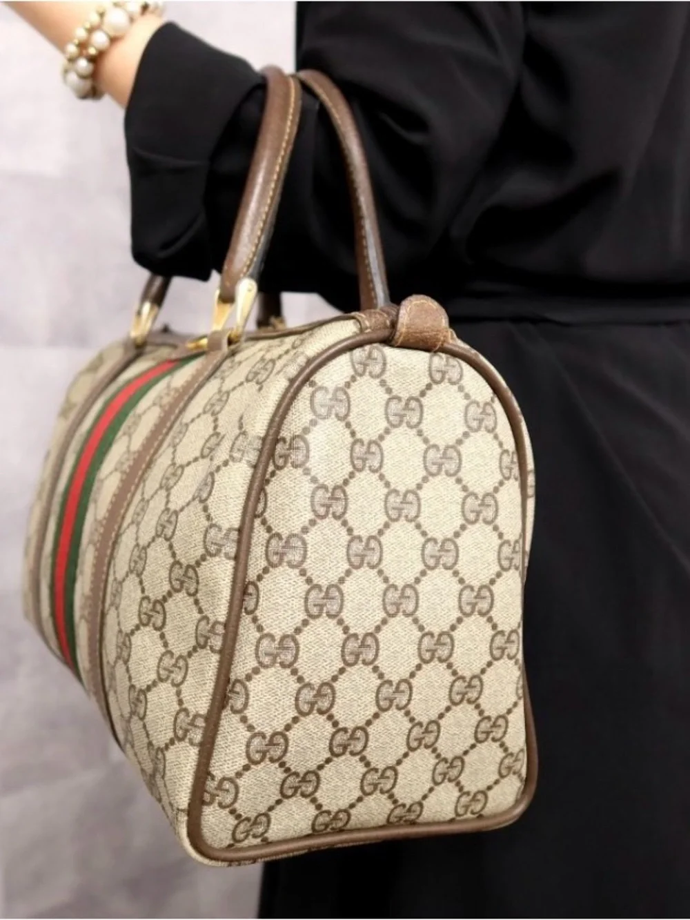 Authentic Gucci Supreme Sherry Web Boston Bag Brown Excellent Condition